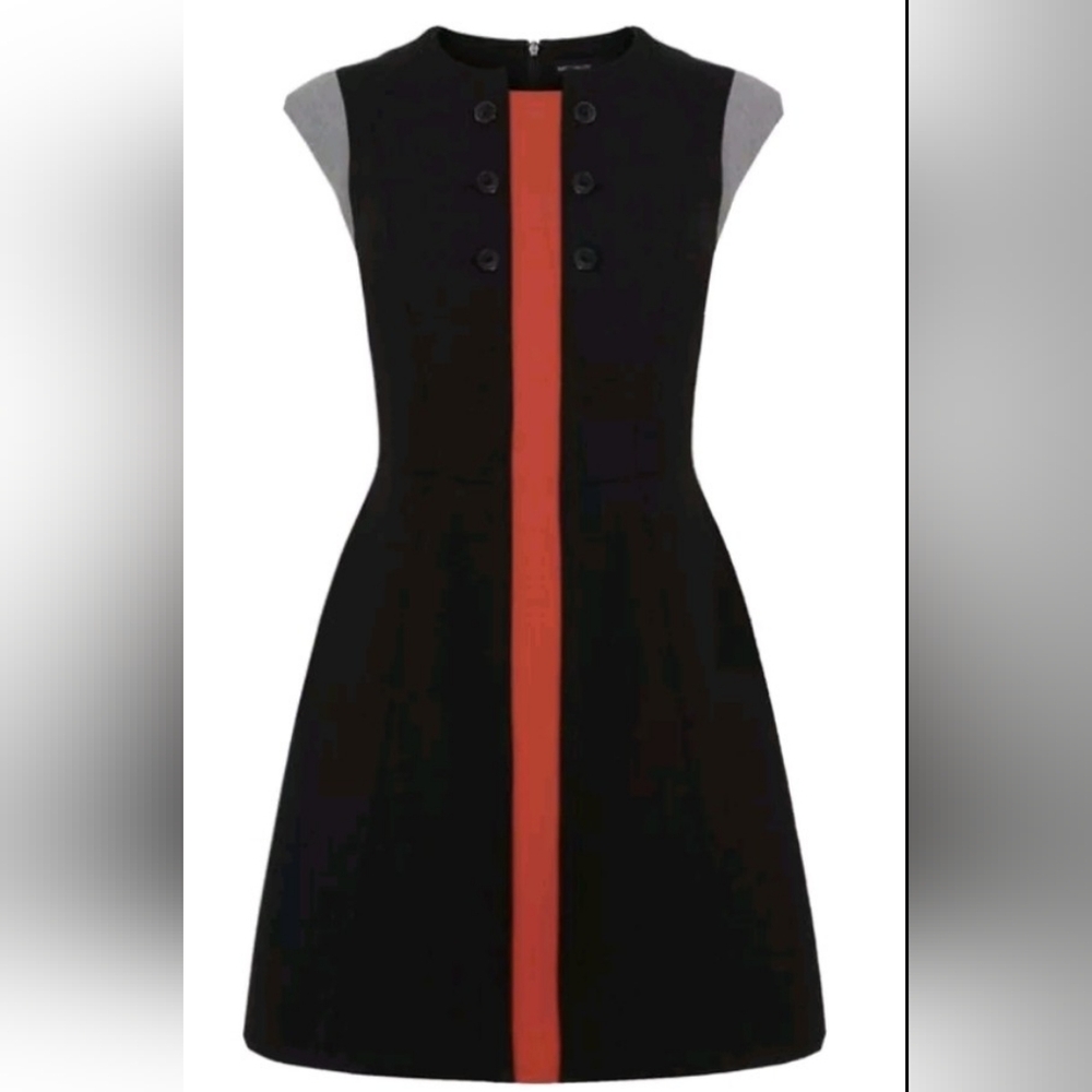 Karen Millen Women's Black Contrast Panel Button Detail A-Line Dress US4/UK8